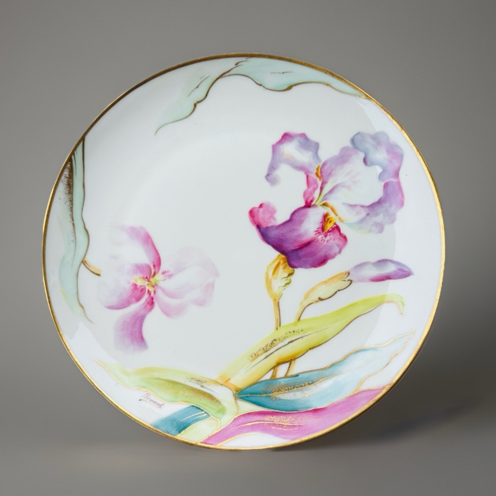 Antique Limoges French Porcelain Hand Painted Signed Iris Flowers Plate Gold Rim